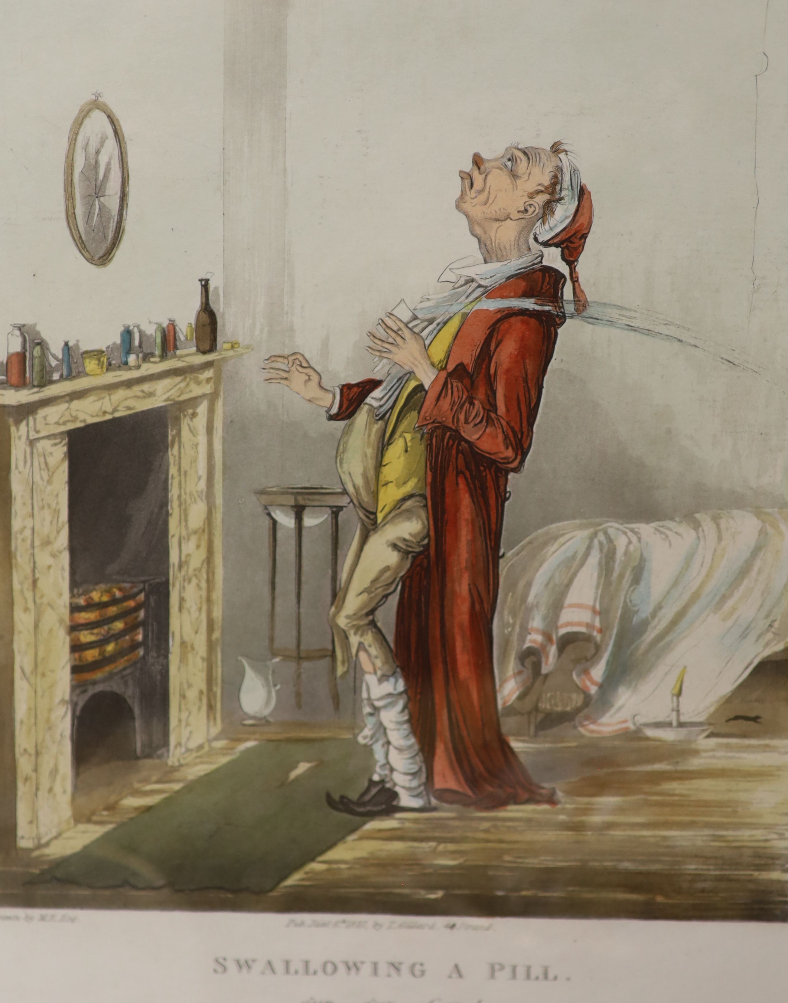Two 19th century caricatures, 'Enjoying a pipe' and 'Swallowing a pill' (reprints), 28 x 23cm